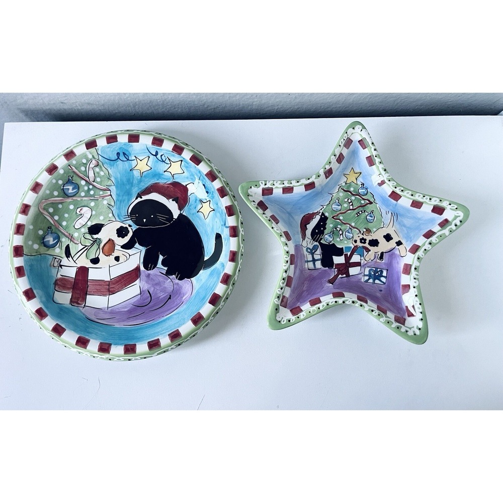 VINTAGE CHRISTMAS CAT & HOLIDAY‎ CERAMIC PLATE  HAND PAINTED HAUSENWARE